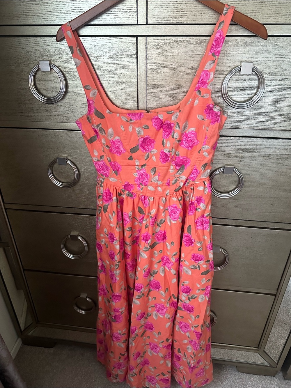 🛍️FINAL PRICE🛍️ WAYF Coral Corset Dress Peach-Orange with Hot Pink Rose Print - Picture 6 of 7